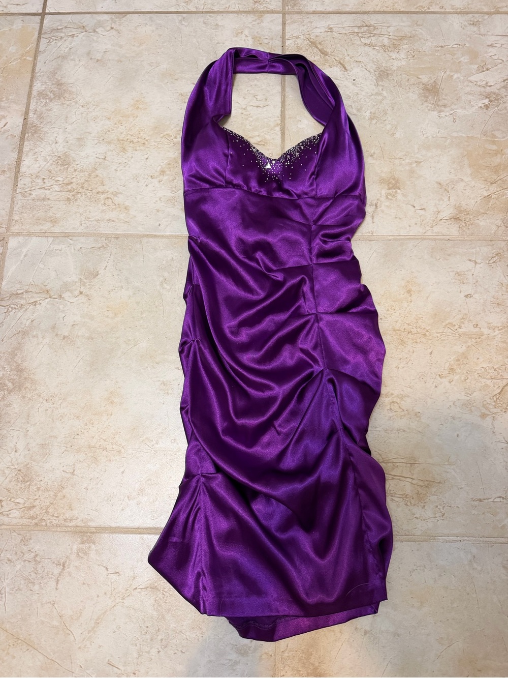 Blondie Nites Deep Purple Halter Ruched Mini Dress with Rhinestone Accents